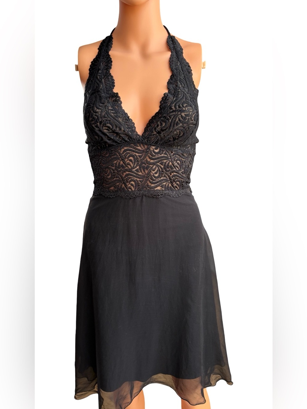 bebe Black Lace Halter Chemise with Chiffon dress